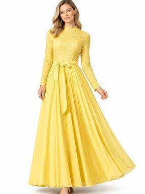 Vintage perfection yellow long sleeve pleated long maxi dress MCM mod S 9/10